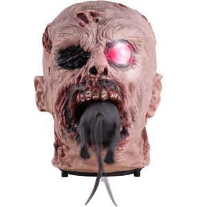 Zombie Kopf mit Ratte Deko Standfigur animiert+LED und Sound Kopf frißt Ratte mit Fiepen und Rülpsen 29x23cm bunt