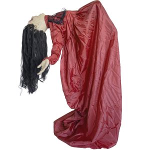 Zombie Mädchen Deko Standfigur animiert+LED+Sound Mädchen kichernd mit gebrochenem Rücken 157x118cm rot-bunt