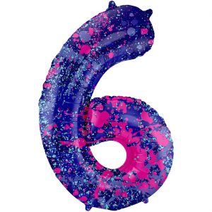 6 Geburtstags Jubiläums Folien Zahlenballon XXL Paint Splash Folienballon Helium geeignet 85cm lila-pink