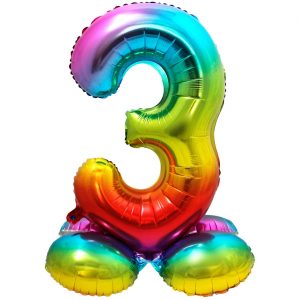 3 Geburtstags Jubiläums Folien Zahlenballon XL Folienballon mit Basis zum Hinstellen 72cm hoch metallic regenbogen