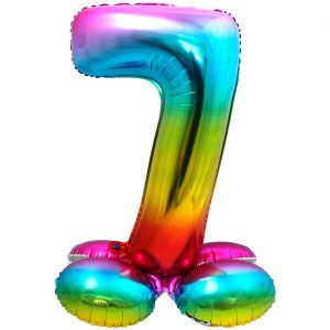 7 Geburtstags Jubiläums Folien Zahlenballon XL Folienballon mit Basis zum Hinstellen 72cm hoch metallic regenbogen