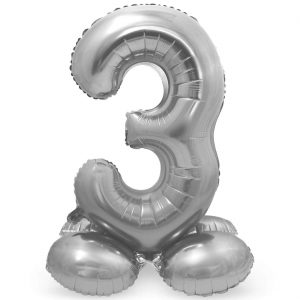 3 Geburtstags Jubiläums Folien Zahlenballon XL Folienballon mit Basis zum Hinstellen 72cm hoch metallic silber