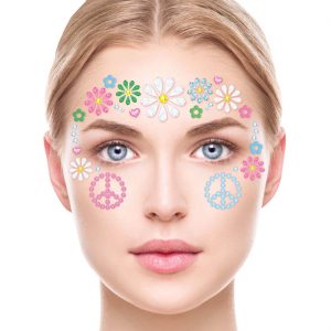 70er Jahre Hippie Schmucksteine Gesicht Set mit Blumen und Peacezeichen selbstkelbend bunt