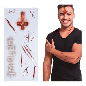 Exorcismus Dämon Wunden Tattoo Set Help Me mit Kreuz WUNDEN VOM TEUFEL BESESSEN rot