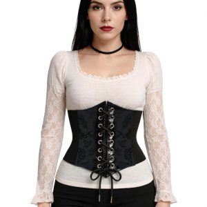 Korsage Korsett Stretch in Brokatoptik mit Schmetterlingen einfarbig schwarz