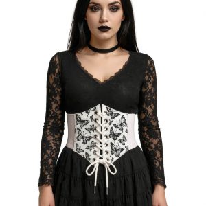 Korsage Korsett Stretch in Brokatoptik mit Schmetterlingen zweifarbig weiß-schwarz