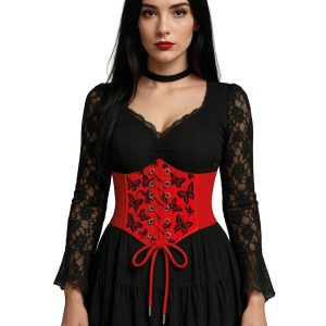 Korsage Korsett Stretch in Brokatoptik mit Schmetterlingen zweifarbig rot-schwarz