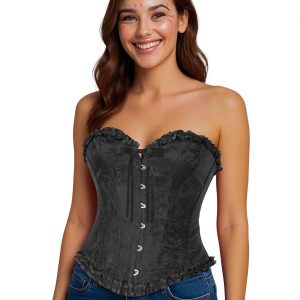 Korsage Korsett Überbrustkorsett mit Stäbchen hinten geschnürt Brokatoptik einfarbig schwarz