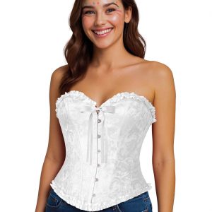 Korsage Korsett Überbrustkorsett mit Stäbchen hinten geschnürt Brokatoptik einfarbig weiß
