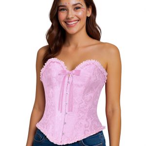 Korsage Korsett Überbrustkorsett mit Stäbchen hinten geschnürt Brokatoptik einfarbig rosa