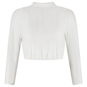 Trachten / Cowgirl Kleidung Dirndlbluse kurz aus Spitze mit Dreiviertelarm hochgeschlossen weiß