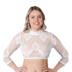 Trachten / Cowgirl Kleidung Dirndlbluse kurz aus Spitze mit Dreiviertelarm hochgeschlossen creme