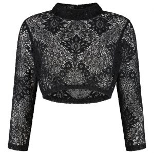 Trachten / Cowgirl Kleidung Dirndlbluse kurz aus Spitze mit Dreiviertelarm hochgeschlossen schwarz