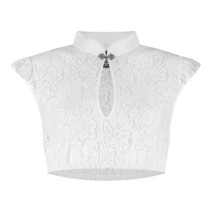 Trachten / Cowgirl Kleidung Dirndlbluse kurz aus Spitze mit Flügelärmeln und Metallschließe weiß