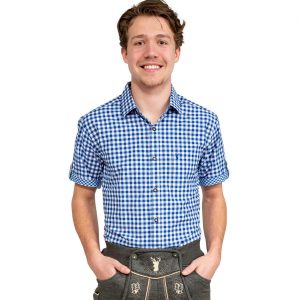 Trachten / Jäger Kleidung Hemd Bluse T-Shirt kariert aus Baumwolle kurzarm weiß-blau