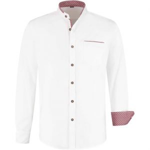 Trachten / Jäger Kleidung Hemd Bluse elegant aus Baumwolle mit Akzenten am Ärmel und Stehkragen weiß-rot