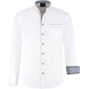 Trachten / Jäger Kleidung Hemd Bluse elegant aus Baumwolle mit Akzenten am Ärmel und Stehkragen weiß-blau