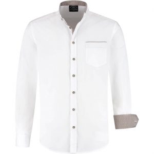 Trachten / Jäger Kleidung Hemd Bluse elegant aus Baumwolle mit Akzenten am Ärmel und Stehkragen weiß-braun
