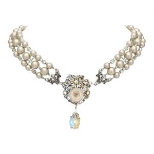 Trachten / Edeldame Perlencollier mit Blumen Rosen Anhänger creme-silber