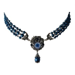 Trachten / Edeldame Perlencollier mit Blumen Rosen Anhänger dunkelblau-silber