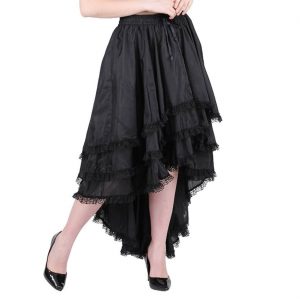 Steampunklady / Edeldame Rock halblang Poly-Silk Etagenrock vorne kurz hinten lang mit Spitze schwarz