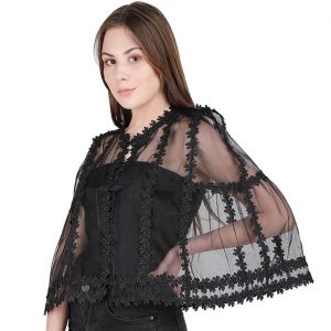 Vampirin / Edeldame Gothic Cape kurz Schultercape transparent aus Tüll mit Spitze elegant schwarz