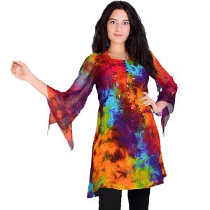 70er Jahre Hippiegirl Hemd Bluse Tunika Batik mit Zipfeln hinten geschnürt MULTI bunt