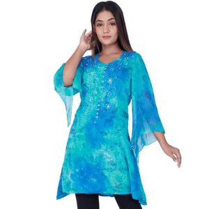 70er Jahre Hippiegirl Hemd Bluse Tunika Batik mit Zipfeln hinten geschnürt TURQUOISE türkis