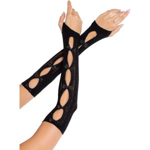 Motivhandschuhe extralang fingerlos Strick mit Schleifen und Herzen einfarbig schwarz