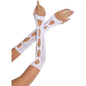 Motivhandschuhe extralang fingerlos Strick mit Schleifen und Herzen einfarbig weiß