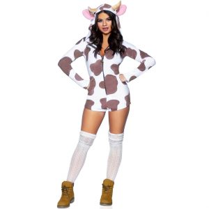 Kuh Kostüm Overall kurz VELVET BROWN COW ROMPER aus Samt weiß-braun