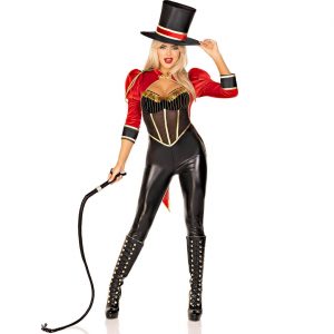 Zirkusdirektorin Dompteurin Kostüm Overall Catsuit mit angebrachtem Frack Zylinder RAVISHING RINGMASTER DIVA rot