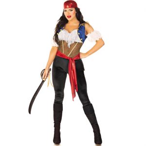 Piratin Kostüm Overall Catsuit mit angebrachtem Frack Kopftuch RAVISHING PIRATE bunt