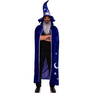 Hexe Zauberer Cape lang+Hut Set Merlin Superdeluxe WIZARD KIT blau-silber