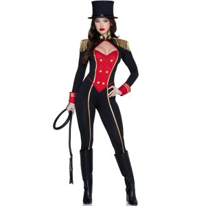 Zirkusdirektorin Dompteurin / Uniform Kostüm Overall rot-schwarz-gold COMMANDING RINGMASTER CATSUIT bunt