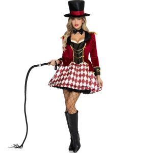 Zirkusdirektorin Dompteurin Kostüm Kleid kurz mit gold RING MISTRESS DRESS dunkelrot-weiß