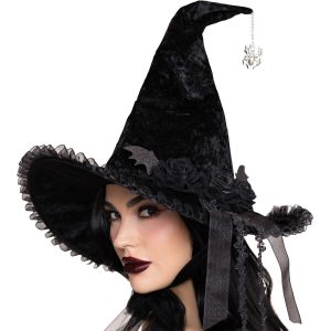 Hexe Zauberer Hexenhut Samt Fledermäuse Rosen Spinne DARK LOLITA VELVET WITCH HAT schwarz