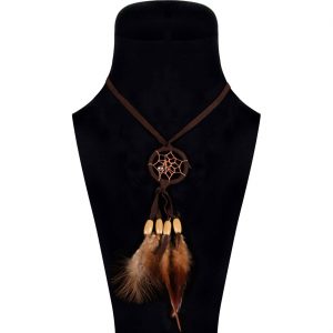 Hippie / Indianer Halskette mit Perlen und Federn Traumfänger Amulett an Lederschnur DREAMCATCHER braun-creme