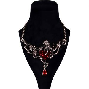 Edeldame Gothic 1900 Halskette Collier mit Herz und Rosen Deluxe silber-rot