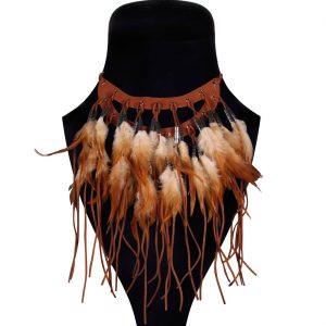 Hippie / Indianer Halskette mit Federn Ledercollier mit eleganten Federn NAYAVU hellbraun-dunkelbraun