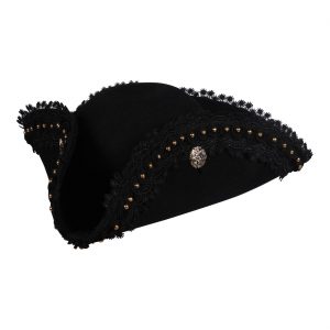 Edelleute / Piraten Dreispitzhut Wollfilz mit Spitze und Perlen Deluxe PEARL schwarz-gold