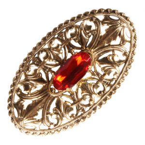 Edelhistorische / Uniform Brosche Hutanstecker Hut Pin durchbrochen mit Stein oval Superdeluxe gold-rot