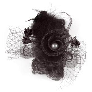 Saloon Can-Can Brosche Hutanstecker Kopfschmuck Blume mit Federn Tüll und Perle schwarz