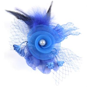 Saloon Can-Can Brosche Hutanstecker Kopfschmuck Blume mit Federn Tüll und Perle blau