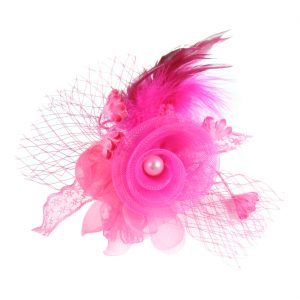 Saloon Can-Can Brosche Hutanstecker Kopfschmuck Blume mit Federn Tüll und Perle pink
