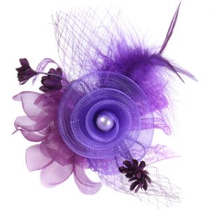 Saloon Can-Can Brosche Hutanstecker Kopfschmuck Blume mit Federn Tüll und Perle lila