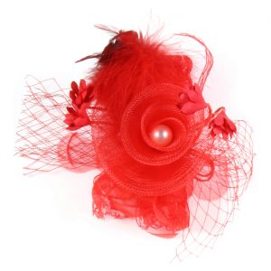 Saloon Can-Can Brosche Hutanstecker Kopfschmuck Blume mit Federn Tüll und Perle rot