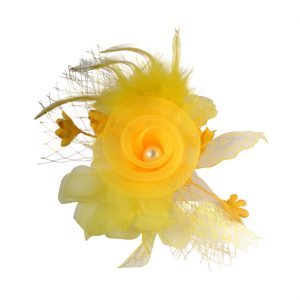 Saloon Can-Can Brosche Hutanstecker Kopfschmuck Blume mit Federn Tüll und Perle gelb