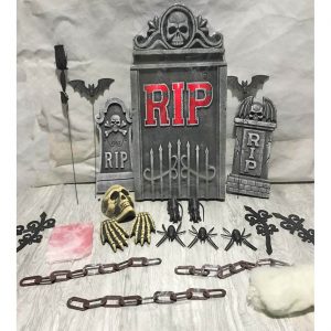 Grabstein RIP Deko Standfiguren Set 23 Teile unter anderem 3 Gabsteine Ketten Skelettteile grau-bunt