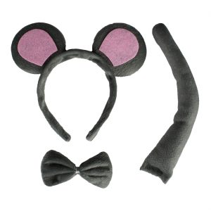 Maus Haarreif mit Ohren+Fliege+Schwanz Set aus Velours grau-rosa